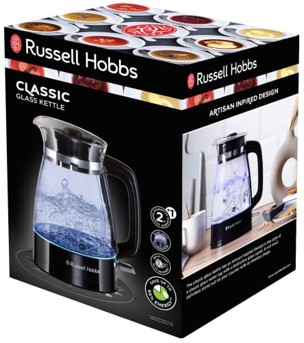 Russell Hobbs Hervidor de Agua Eléctrico Glass Classic - 1,7 litros, 2400 W, Diseño en Cristal Inspirado en lo Artesanal, Iluminación Azul, Detalles en Acero Inoxidable, Negro - 26080-70