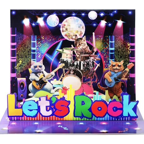 Rockin' Cat Birthday Card with Lights & Music, Musical Greeting Card with Pop-Up Guitar Cat for Cat Lovers, Unique Fun Gift for Women & Men
