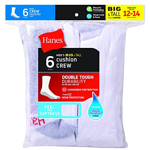 Cushion Crew - Big And Tall - Wh W/Gy Heel & Toe Socks 6 Pack,Size: 12-14 #TOP1
