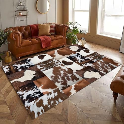 AOESELN Brown Patchwork Plaid Cowhide Area Rug,70x140cm,Faux Fur Animal Print Rug,Non-Slip Cow Tricolor Leather Western Cowboys Accent Rugs,Soft Washable Floor Carpet,for Living Room Bedroom
