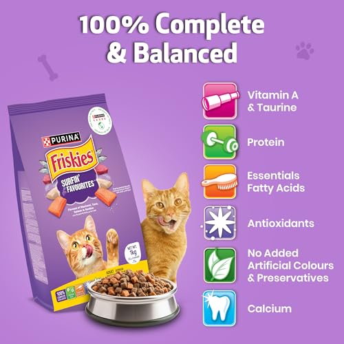 Image of FRISKIES Surfin' Favourites Cat Food, Mackerel Tuna Salmon & Sardine Flavours, 1kg, Packet (Pack of 2), Adult, Dry