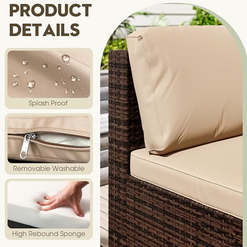 Image of LHBcraft 7 Piece Outside Sectional Furniture Set, All Weather Wicker Patio Sofa, Outdoor Sectional Balcony Furniture with Beige Cushion & Glass Coffee Table