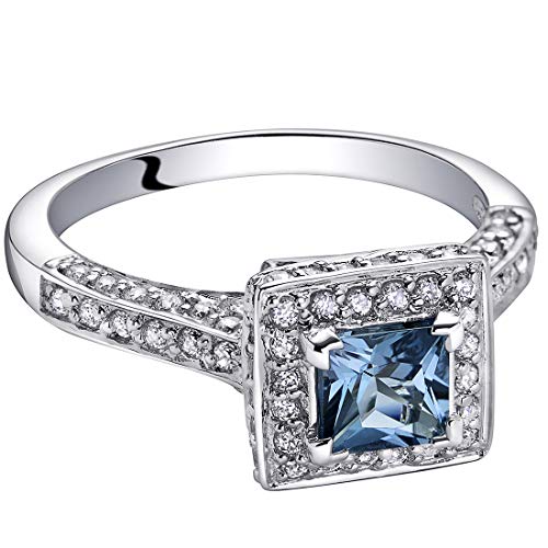 Peora London Blue Topaz Princess Cut Ring In Sterling Silver, Natural Gemstone, Vintage Halo Solitaire Design, 1.00 Carat Total, Comfort Fit, Size 5 #TOP1