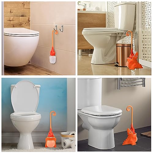 Image of Creative Dinosaur Toilet Brush, Toilet Bowl Brush and Holder, Flexible Toilet Bowl Brush Head, Bathroom DinosaurToilet Bowl Brush for Deeply Cleaning,Cute Bathroom Accessories (Orange)