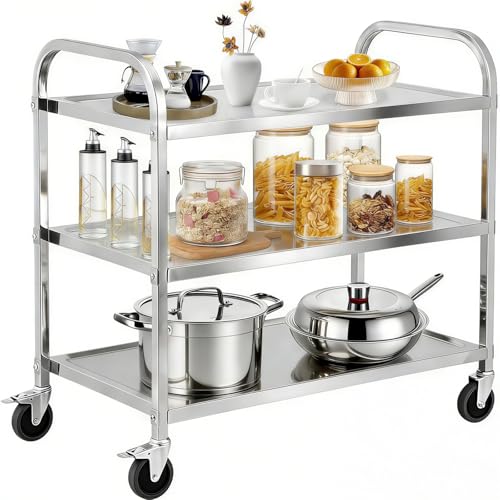 NBYTLT 3 Tier Stainless Steel Cart, 95×50×95cm Large Rolling Catering Storage Cart, Serving Utility Trolley with Locking Wheels, for Hotels, Restaurants, Cafe, Kitchen, Silver