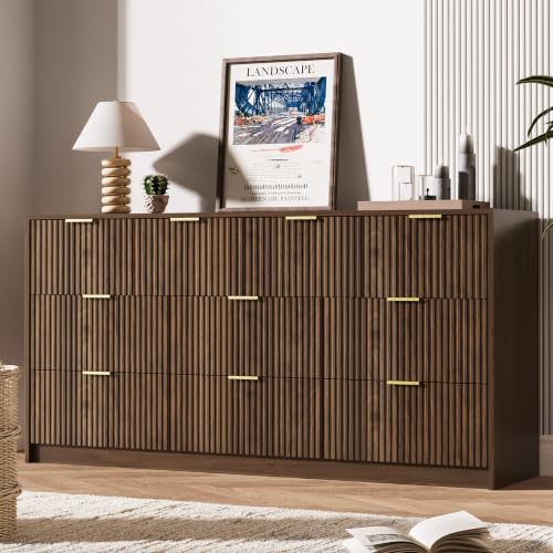 Image of MAISONARIA 63 inch Wide Fluted 10-Drawer Dresser for Bedroom, Walnut