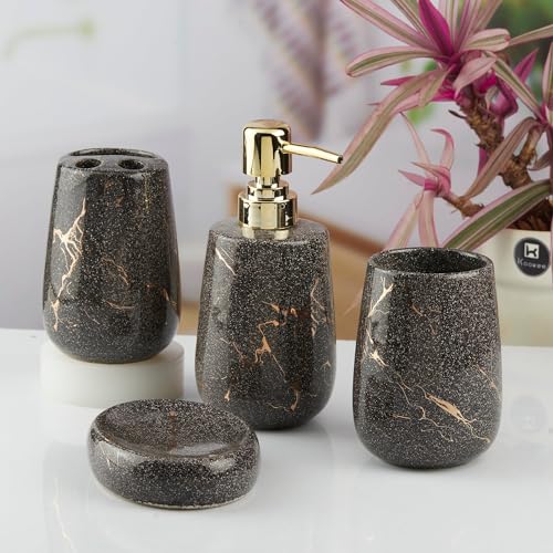 Image of Kookee Ceramic Bathroom Accessories Set 4 Piece | Soap Dispenser, Toothbrush Holder, Tumbler & Soap Dish | Modern Black Bathroom Organiser Set | Housewarming Gift (10428)