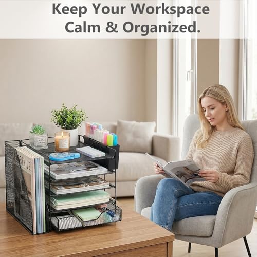 Gugsey Desk Organizer, 5-Tier Paper Letter Tray Organizer with File Holder, Drawer and Pen Holder, Desktop Organizer for Office Supplies, Black - Thumbnail 6