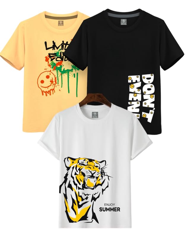 Image of Cotton Regular Fit Round Neck Printed Half Sleeves Casual T-Shirt for Boys, Multicolor, (Combo Pack of 3)