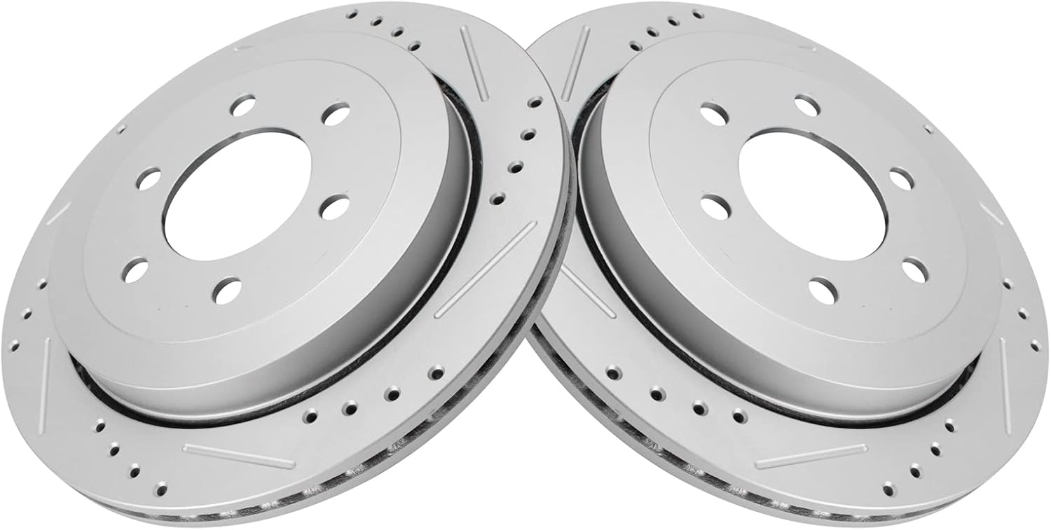 TRQ Rear Performance Brake Rotors Set Premium G-Coated Cross Drilled & Slotted Compatible with 2007-2017 Ford Expedition Lincoln Navigator
