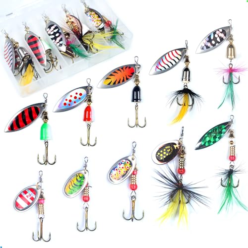EXAURAFELIS10pcs Fishing Lures spinnerbaits Lure Fishing Lure Kit Spinner Bait Rooster Tail Lures for Bass Salmon Spinners with Tackle Box