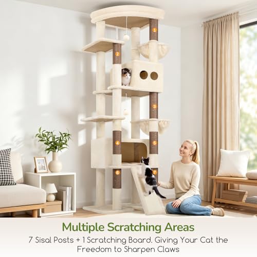 Image of Globlazer Extra Tall Large Cat Tree, 84in Multi-Level Cat Climbing Tower for Indoor Cats Large Adult, Widened Condo with Scratch Board, 7 Scratching Posts, Padded Perch, Metal Basket, S84E, Beige