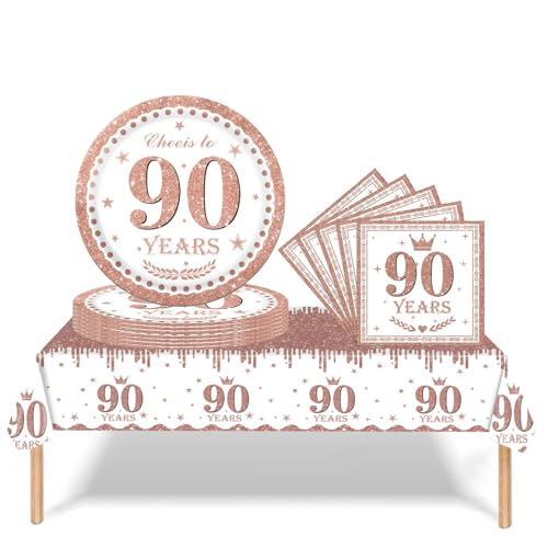 37Pcs 90th Birthday Tableware Set Rose and Gold 90th Birthday Decorations with Party Paper Plates and Napkins Plastic Table Cloth for Her Women Happybirthday Table Decoration Dinnerware Supplies