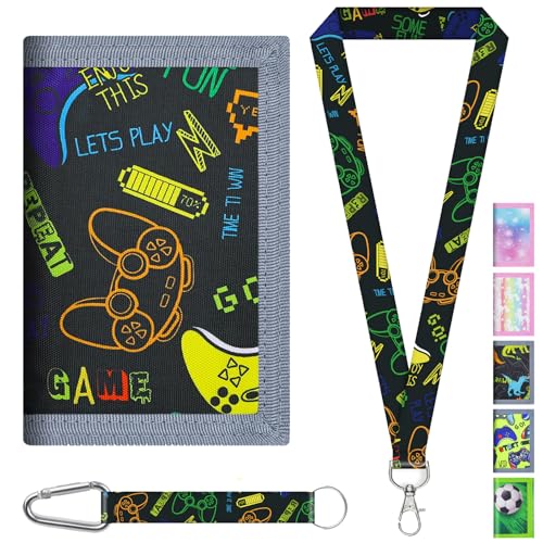 AUNGCSHE Kinder Portemonnaie Jungen, Schwarze Spielekonsole Brieftasche Kinder Alter 4-12 Trifold Brieftasche Kleine mit Schlüsselband, für Weihnachten Geburtstag