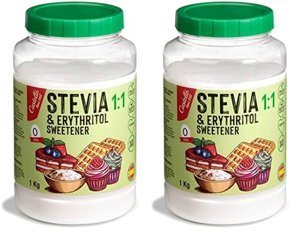 Castello since 1907 Edulcorante Stevia + Eritritol 1:1 | Sustituto del Azúcar 100% Natural - 0 Calorías - 0 Índice Glucémico - Keto y Paleo - 0 Carbohidratos - No OGM - 1 kg (Paquete de 2)