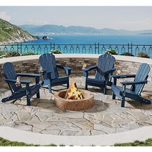 Folding Adirondack Chair Set of 4, All-Weather HDPE Outdoor Chair, Wooden Textured with Cup Holder for patios, Decks, Gardens, fire pits, Navy Blue Navy Blue Chair x4