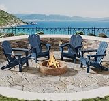 Garvee Folding Adirondack Chair Set of 4, HDPE Outdoor Patio Chair with Cup Holder, All Weather Resistent Wooden Textured for patios, Decks, Gardens, fire Pit, Navy Blue