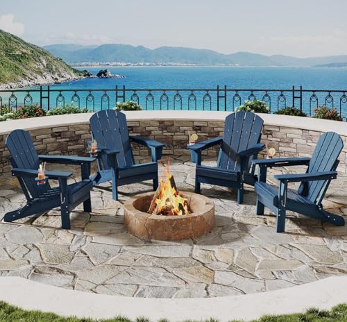 Garvee Folding Adirondack Chair Set of 4, HDPE Outdoor Patio Chair with Cup Holder, All Weather Resistent Wooden Textured for patios, Decks, Gardens, fire Pit, Navy Blue