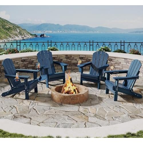 Folding Adirondack Chair Set of 4, All-Weather HDPE Outdoor Chair, Wooden Textured with Cup Holder for patios, Decks, Gardens, fire pits, Navy Blue, N