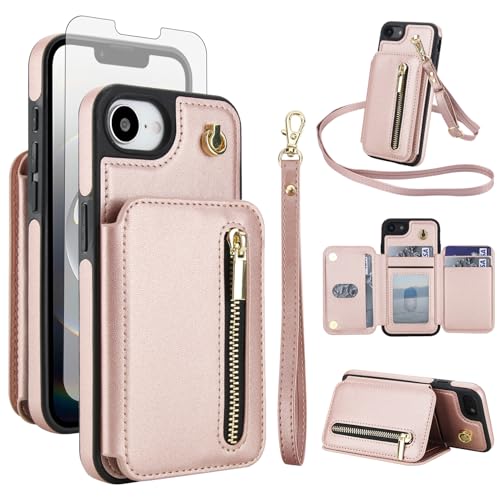 Phone Case for iPhone 16e/SE 2025/SE 4 RFID Wallet Cell Cover with Screen Protector Crossbody Strap Credit Card Holder Slot Stand i Phone16e i16e 16 e SE4 4th Generation 16eCase Women Men Rose Gold