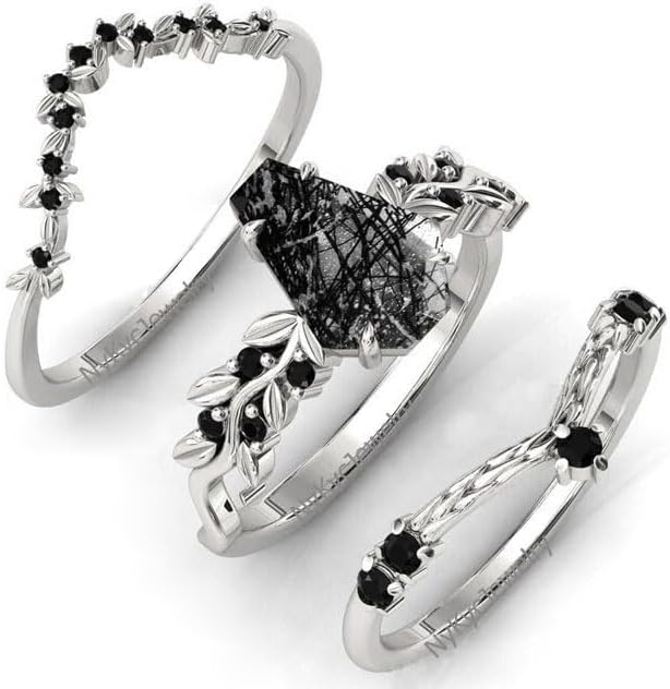 Gothic Black Rutilated Quartz Engagement Set, Coffin Shaped Sterling Silver Anniversary Jewelry, Vintage Leaf Wedding Band, Unique Black Stone Jewelry for Women