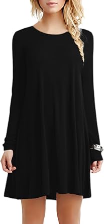 OMZIN Womens Long Sleeve Crewneck Casual Loose Swing Dress Plus Size 2XS-4XL