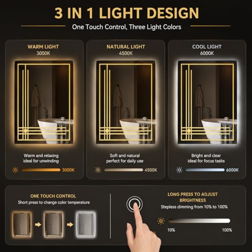 Image of LED Bathroom Wall Mirror with Decorative 3 Light Design | Touch Sensor | Warm | Natural and Cool White | for Wash Basin | Bedroom | Dressing Area Decoration (Portrait 2nd, 12x18)