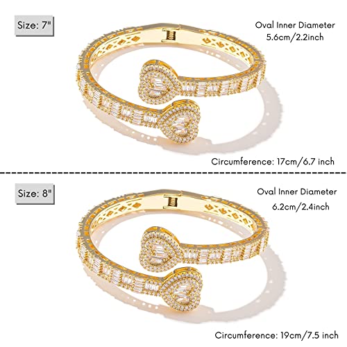 Lulu Mel Iced Out Baguette Diamond Bracelet Jewelry For Women, Hip Hop Mens 14K Gold Silver Plated Cubic Zirconia Bangle Bracelet, Girls Heart Cuff Bracelet With Jewelry Box (Gold Heart, 7Inch) #TOP2