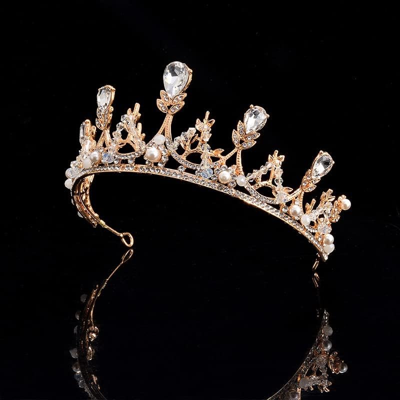 Tiara Bride Bridal Crown Hair Princess Pearl Headband Rhinestone Wedding For Bridal Wedding Prom Pageant Party (Gold) - Image 3