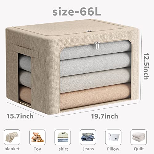 Image of FHSQX 2 Pack Clear Window Storage Bins - Large Stackable Linen Fabric Storage for Clothes Foldable Container Organizer Set with Carrying Handles (Beige, 19.7x 15.7x 12.6 Inch)