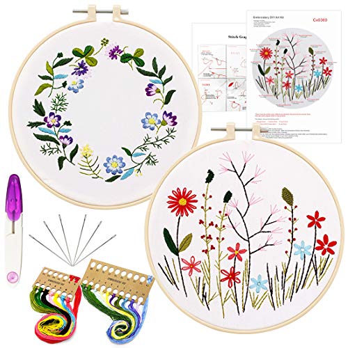 2 Pack Embroidery Starter Kit, Cross Stitch Kit Embroidery Kit for Beginners with Plants Flowers Pattern, Plastic Embroidery Hoops, Color Threads and Tools Kit