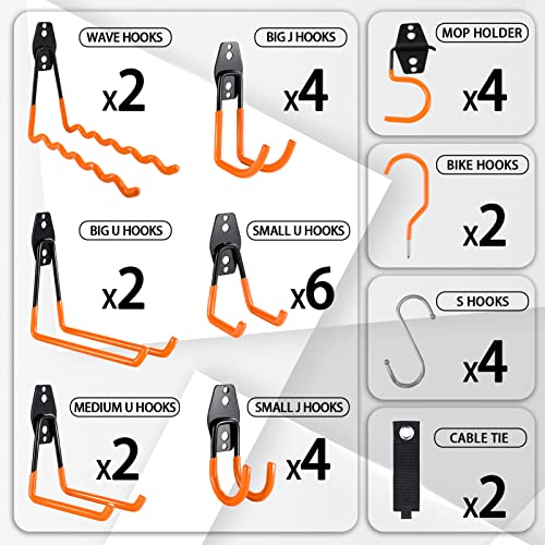 Laofeei Garage Hooks Heavy Duty 32 Pack,Garage Wall Hooks,Garage Hooks With Extra Enchancing Welding Spot For Bike Hooks For Garage Wall Mount For Chair,Shovel,Ladder,Bicycle,Garden Tools(Orange) #TOP1