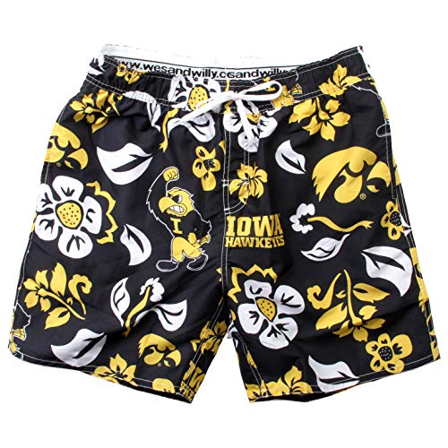 Wes and Willy NCAA Mens Floral Swim Trunks Iowa Hawkeyes Black S