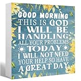 Blue Good Morning This is God Sunflower Christian Wooden Sign Desk Decor,Inspirational Quotes Wood Block Sign Desk Decorations for Home Bedroom Girls Room Office Shelf Table Decor