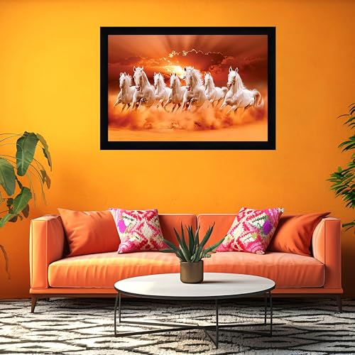 Image of Indianara Vastu Running Seven Horse Painting With Frame 20 Inches X 14 Inches (Style 9)