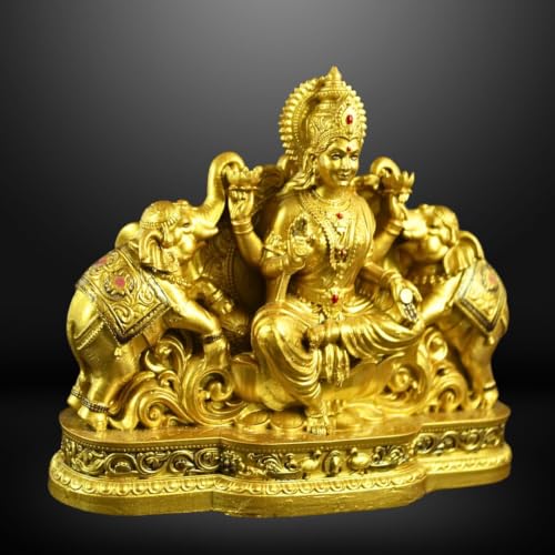 Image of Gaja Lakshmi Idol On Lotus with Elephants │ 4.5 Inch Polystone Laxmi Murti │ Brass, Silver & Patina Grey Finish │ Diwali Puja Gift (Gajlakshmi Brass Color)