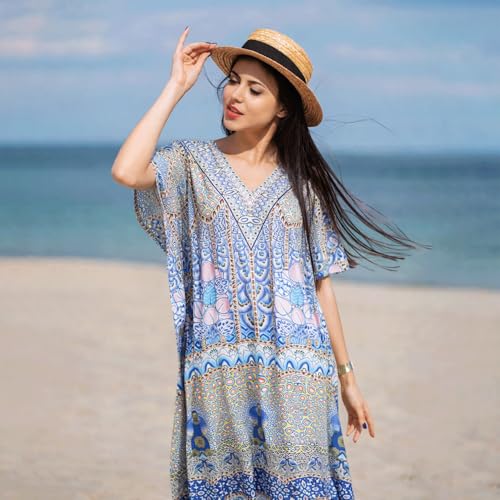 Image of Miss Lavish London Pink Ethnic Print Kaftan Dresses for Women V Neck Batwing Sleeve Beach Vacation Bikini Swimsuit Cover Ups, Plus Size African&Dubai Caftan Maxi Beach Dress with Side Slits-Pink-3XL