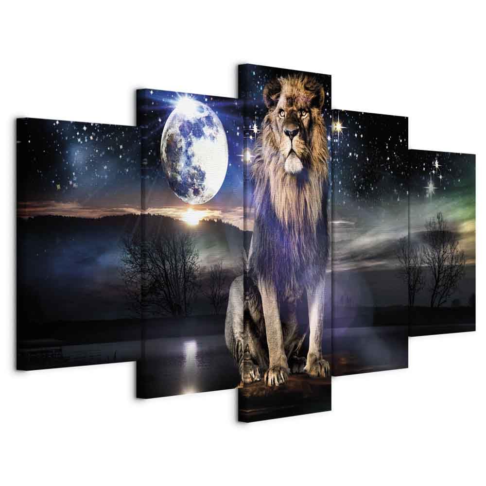 B&D XXL - Leinwandbild Abstrakt Löwe Landschaft, 225x112 cm, 5-teilig | Hochwertige Leinwand, sofort aufhängbar, ideal fürs Wohn- oder Schlafzimmer, wasserfest und lichtecht, langlebig, stilvoll