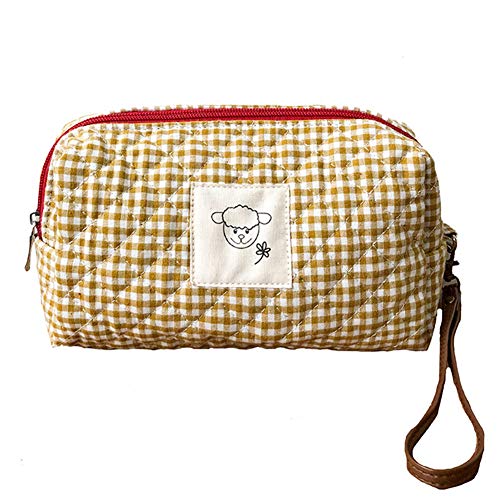 HOYOFO Travel Makeup Bag for Women Portable Cotton Make Up Pouch with Handle Cosmetic Beauty Bag, Yellow Grid
