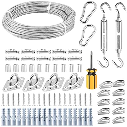 FSHIHINE Awning Attachment Set with 3mm Stainless Steel Cable 20m, Sun Shade Sail Fixing Kit, M5 Turnbuckles, Heavy Duty Shade Sail Hardware Kit for Garden Triangle and Square, Patio Canopy Outdoor Cover