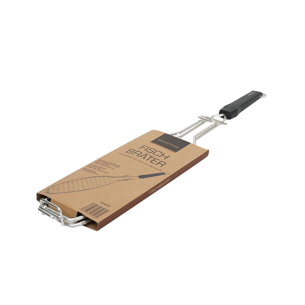 SANTOS XL Fischbräter 61,5cm - Edelstahl Fisch-Grillkorb - Fischhalter mit Hitzeschutzgriff - für Fische bis zu 33cm - Spülmaschinenfest - Fischgrillzange - optimale Grillergebnisse