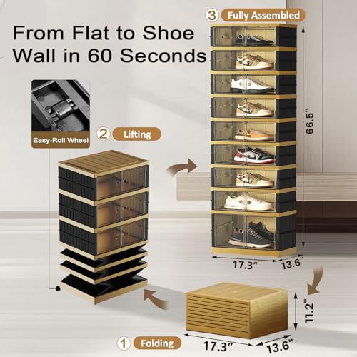 Image of SYNCVIBE Shoe Rack Organizer for Closet Entryway Foldable Sneaker Storage Shoe, Collapsible Shoe Cabinet, Stackable Shoe Storage Cabinet with Lids for Living Room (9 Tiers -18 Pairs Black Gold)