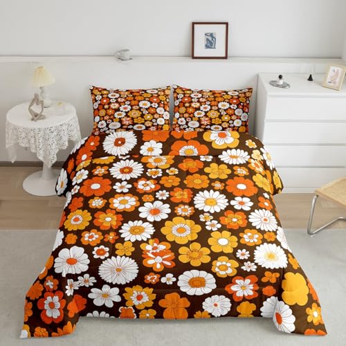 Feelyou 60S 70S Groovy Comforter Set Kids Retro Hippie Flower Comforter for Boys Teens Vintage Boho Plant Floral Bedding Set Botanical Blossom Brown Duvet Set Room Decor Quilt Set Queen Size