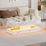 LMSXG-MZ 47'' Coffee Table with LED Lights, 2-Tier Faux Marble Coffee Table with Storage Shelf, Modern Rectangle Center Table for Living Room, White High Gloss