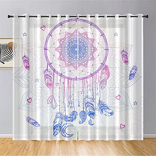 Surwin 3D Atrapasueños Cortinas para Salon, Dormitorio, Cocina - Translucidas Cortinas y Visillos, Visillos Cortos para Ventanas, 2 Piezas Cortina con Ojales (107x160cm,Mandala)
