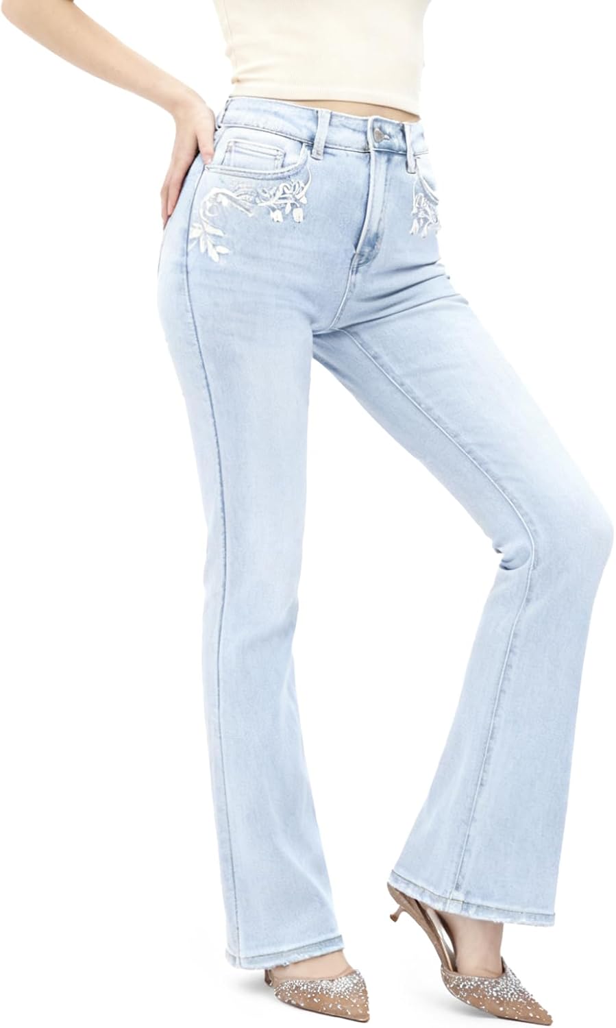 BlueMoment Bootcut Jeans with Embroidery for Women Petite High Rise Floral Embroidered Jeans Stretchy Womens Western Jean