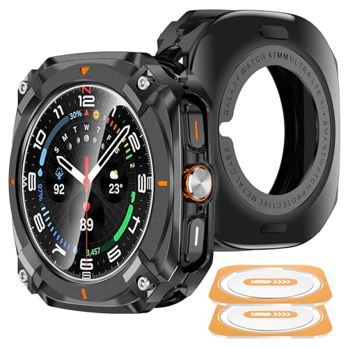 YMHML 3 in 1 Metal Case for Samsung Galaxy Watch Ultra Screen Protector 47mm, Unique Stylish Rugged Bumper + Hard PC Back Cover + 2PCS Tempered Glass Film for Galaxy Ultra 2024/2025, Black/Orange