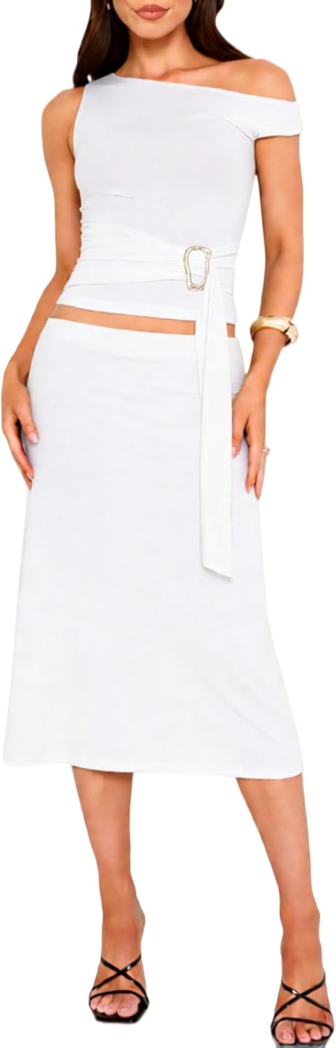 Skirt Sets Women 2 Piece Outfits Sexy Two Pc Set Sleeveless One Off Shoulder Crop Tops and Bodycon Midi Skirts