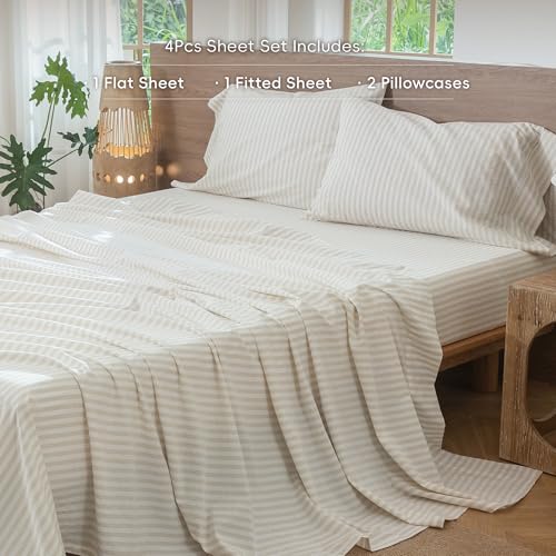 Image of MooMee Striped Sheet Set 100% Washed Cotton Linen Like Queen