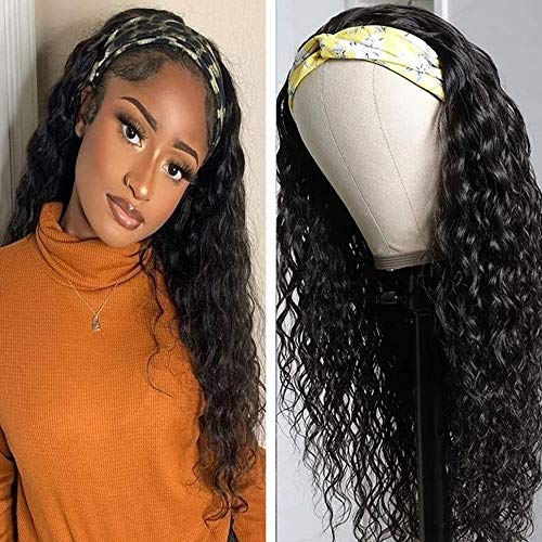 Water Wave Headband Wig Human Hair Wet and Wavy Glueless Headband Wig for Black Women Brazilian Virgin Hair None Lace Front Wigs Machine Made Human Hair Headband Wig Natural Color (18" Headband wigs)